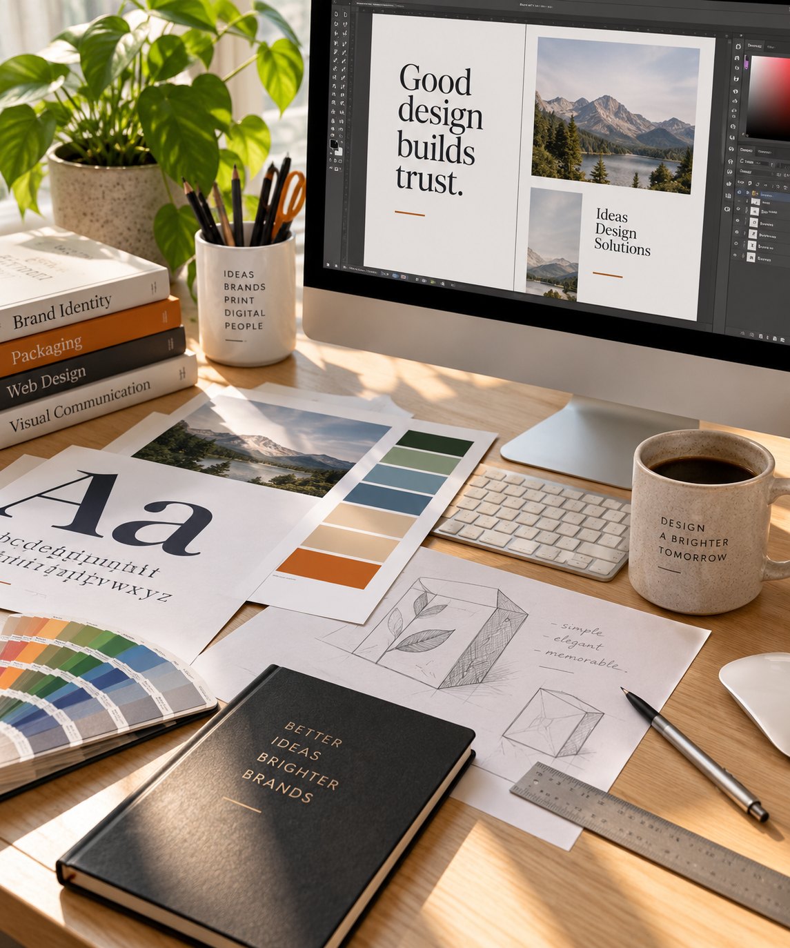 Graphic designer's workspace with a monitor showing design work, Pantone swatches, printed proofs and sketches
