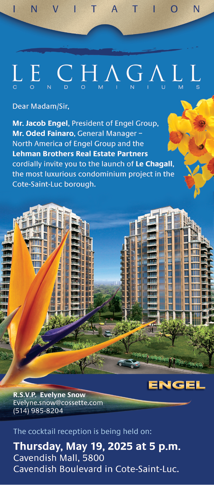 Le Chagall Condominiums invitation design with building photography and floral accents