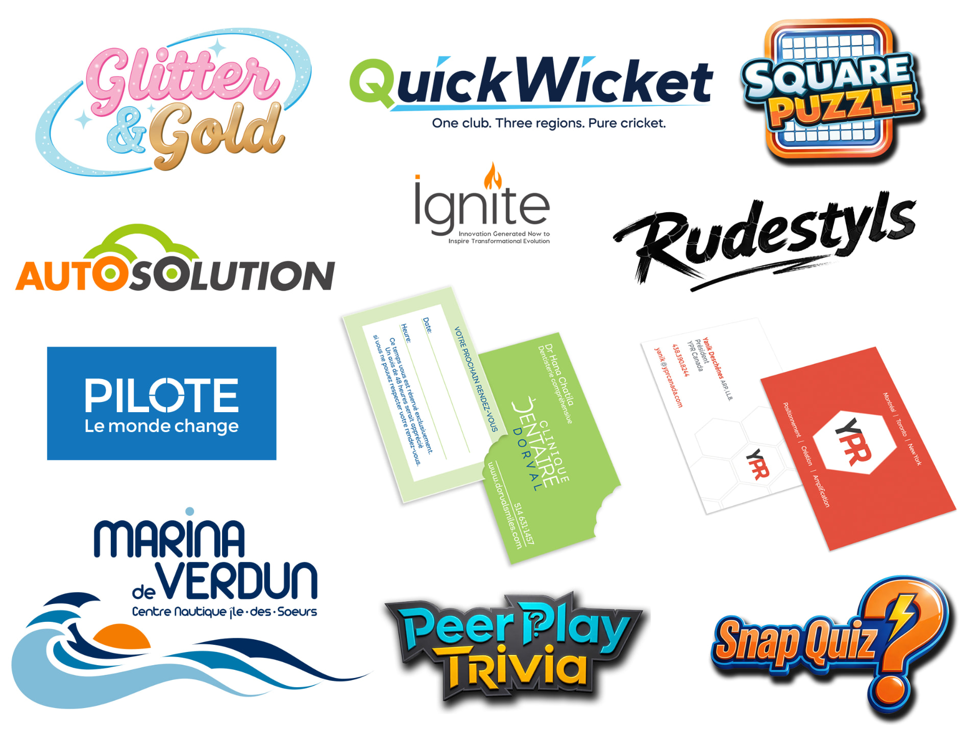 Collection of brand logos and identity work including Glitter & Gold, Quick Wicket, Ignite, AutoSolution, Marina Verdun and others