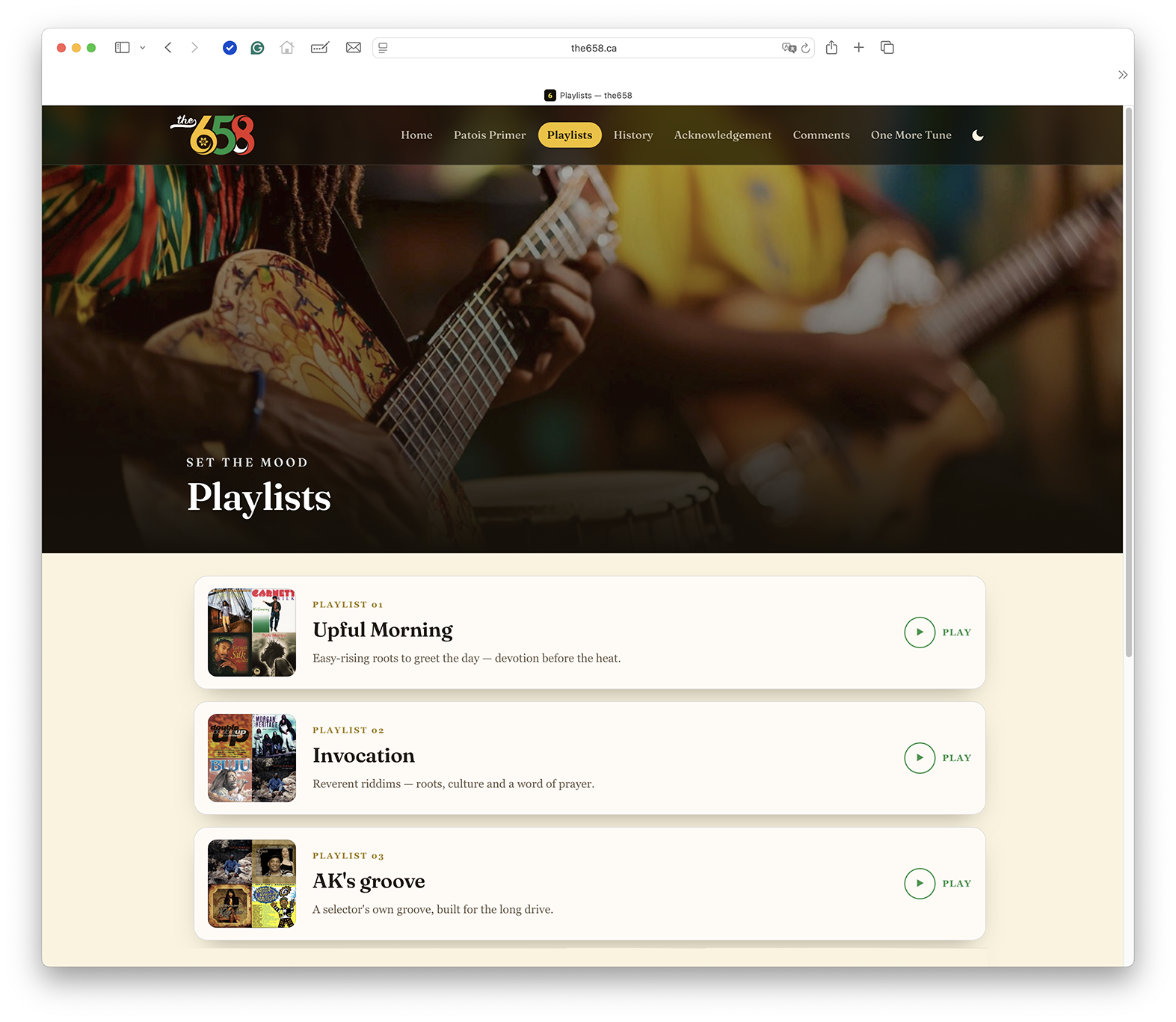 the658.ca website playlists page shown in a browser window