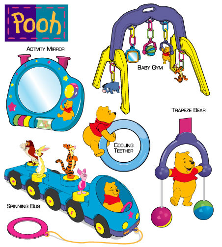 Winnie the Pooh white-label toy products including activity mirror, baby gym, spinning bus, cooling teether and trapeze bear